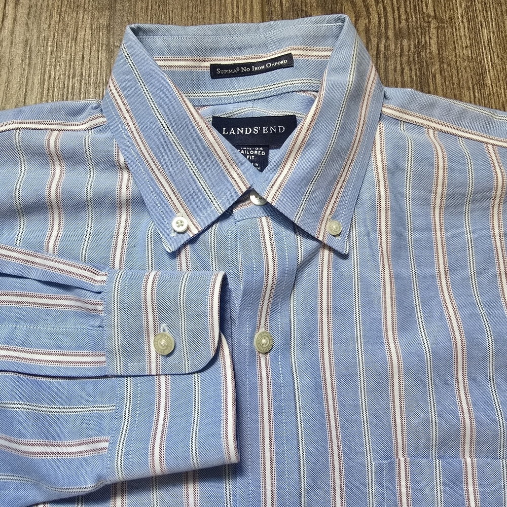 LANDS' END Dress Shirt Mens 15.5/34 Blue Cotton Tailored Fit Preppy Office Work